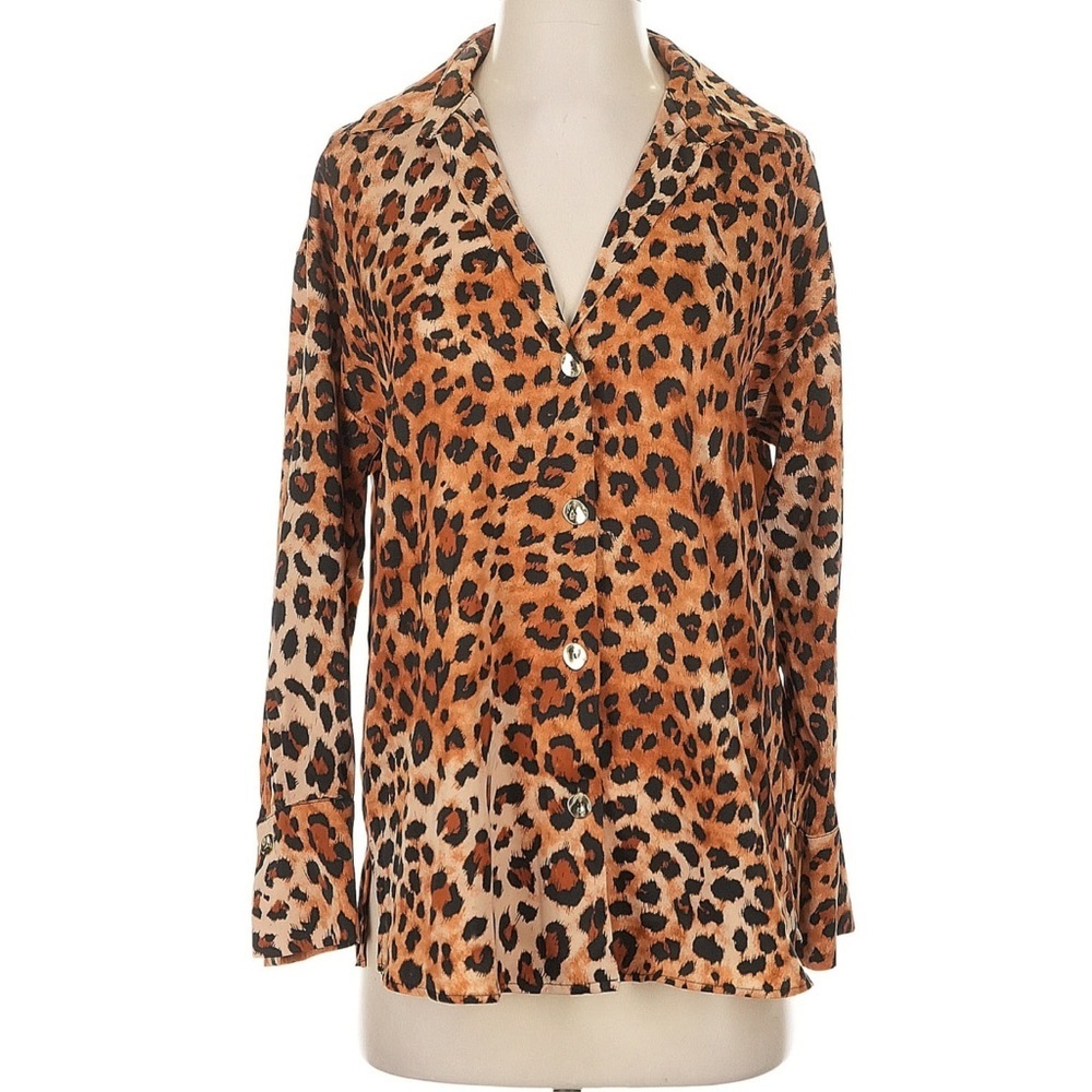 Zara Satin Leopard Print Button Down Blouse Brown Black Long Sleeve Women XS NWT